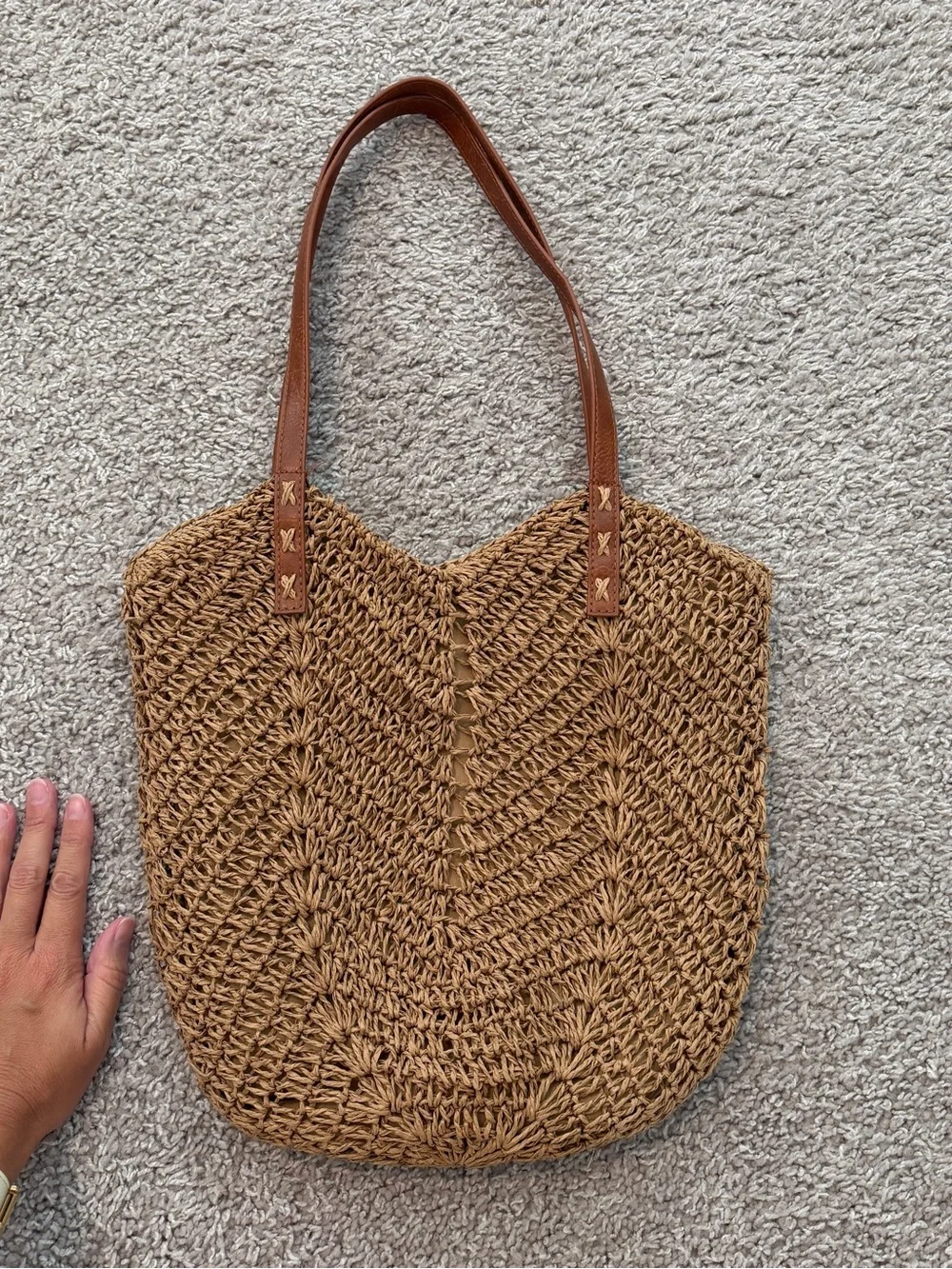 Woven Straw Tote Bag with Brown Handles